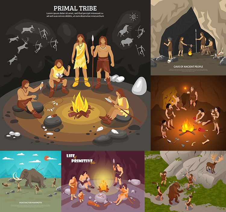 原始人部落插画 原始生活钻木取火打猎场景 ai格式矢量设计素材