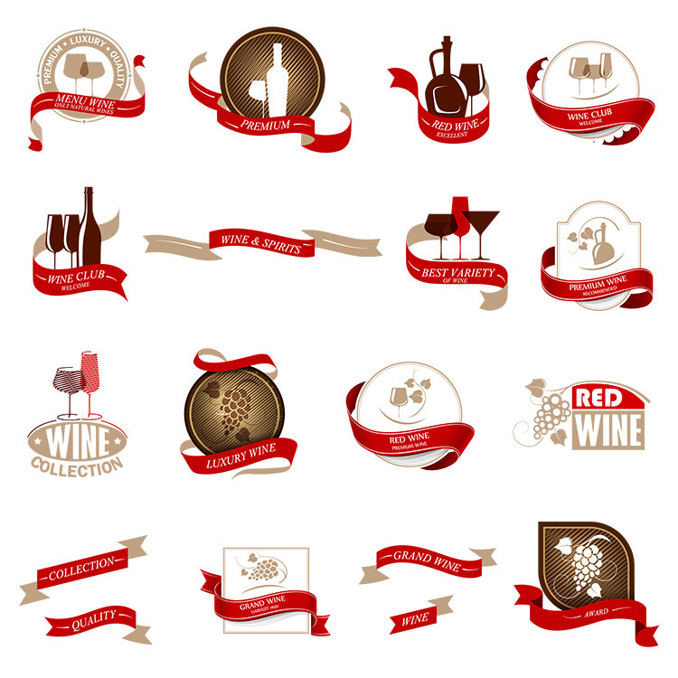 红酒标签 16款红色丝带酒葡萄LOGO标贴 AI格式矢量设计素材