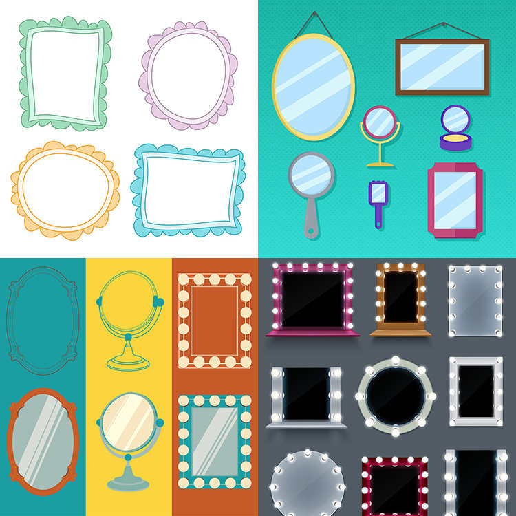 多款镜子 卡通个性化日常梳妆镜化妆镜墙境 AI格式矢量设计素材