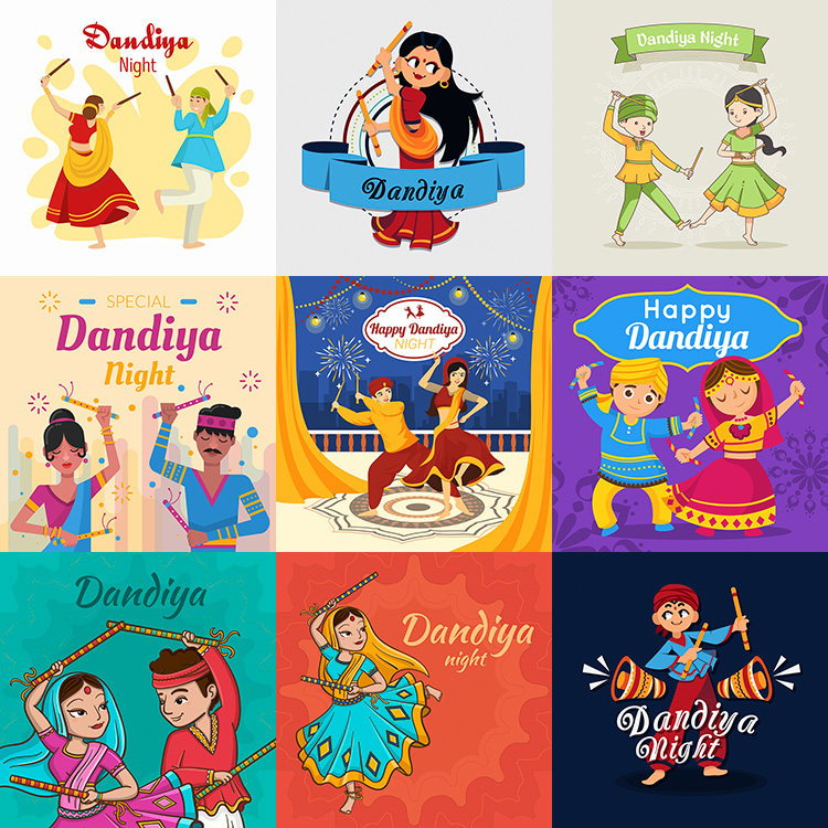 印度九夜节插画 卡通传统节日庆典海报背景 ai格式矢量设计素材