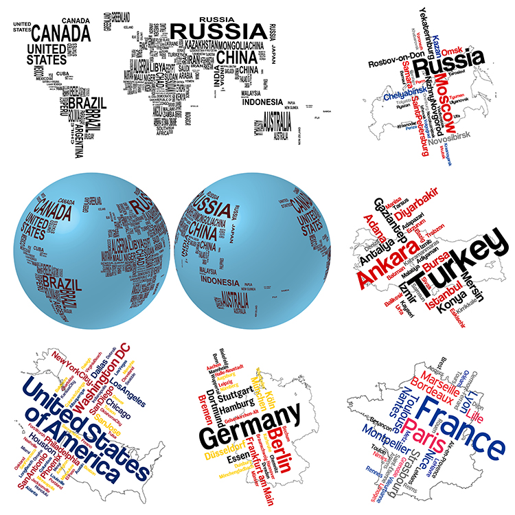 潮流英文地图版式 创意美国法国德国地图排版 AI格式矢量设计素材