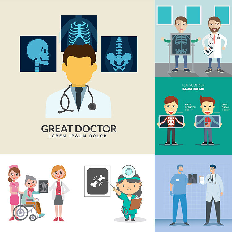 x光拍片插画 扁平化卡通骨折看医生问诊海报 ai格式矢量设计素材