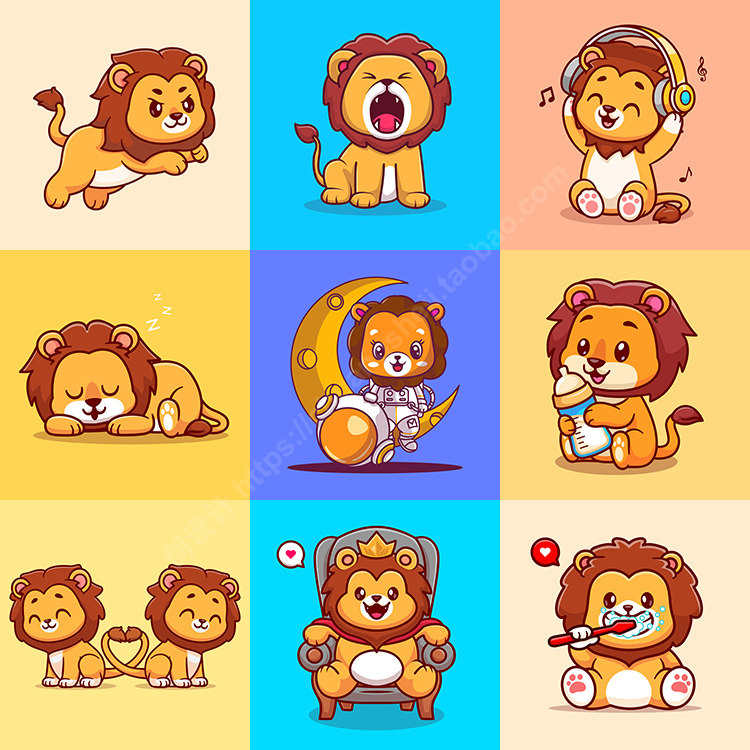 卡通狮子插画 9款扁平化可爱动物形象背景 ai格式矢量设计素材