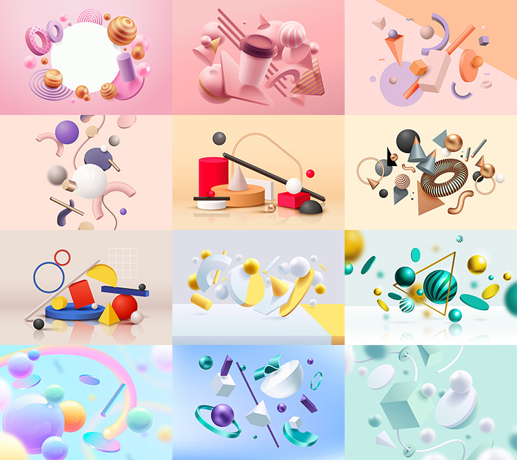 3D立体物体背景梦幻色彩创意几何图形视觉海报AI格式矢量设计素材