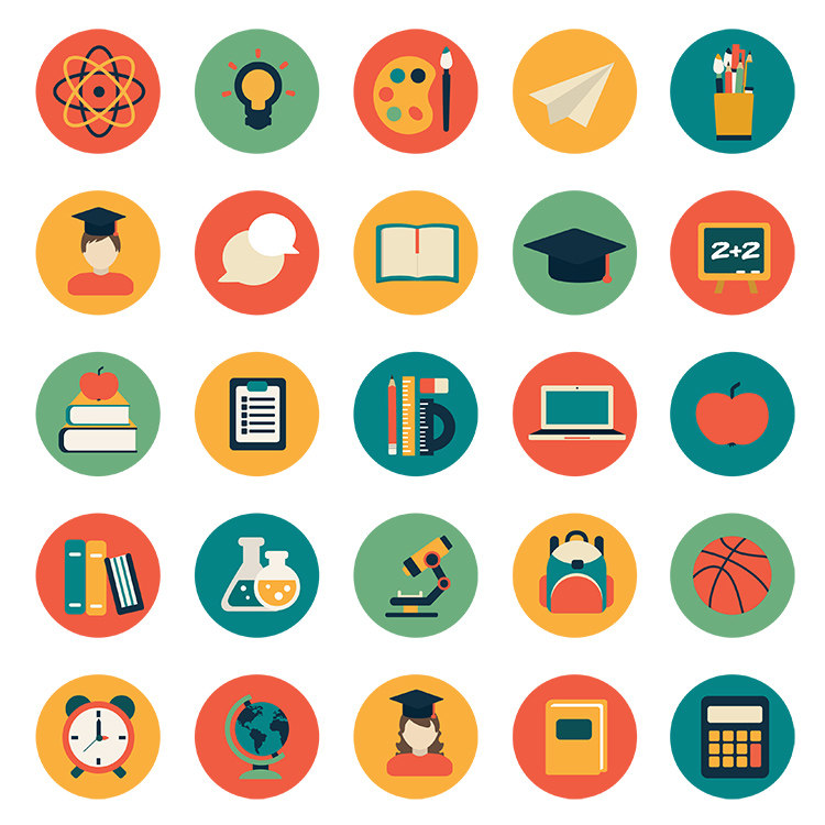 圆形教育图标 25个扁平化学习教学元素icon ai格式矢量设计素材