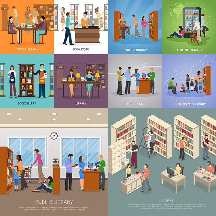 扁平化图书馆 卡通图书馆阅读看书场景海报 ai格式矢量设计素材