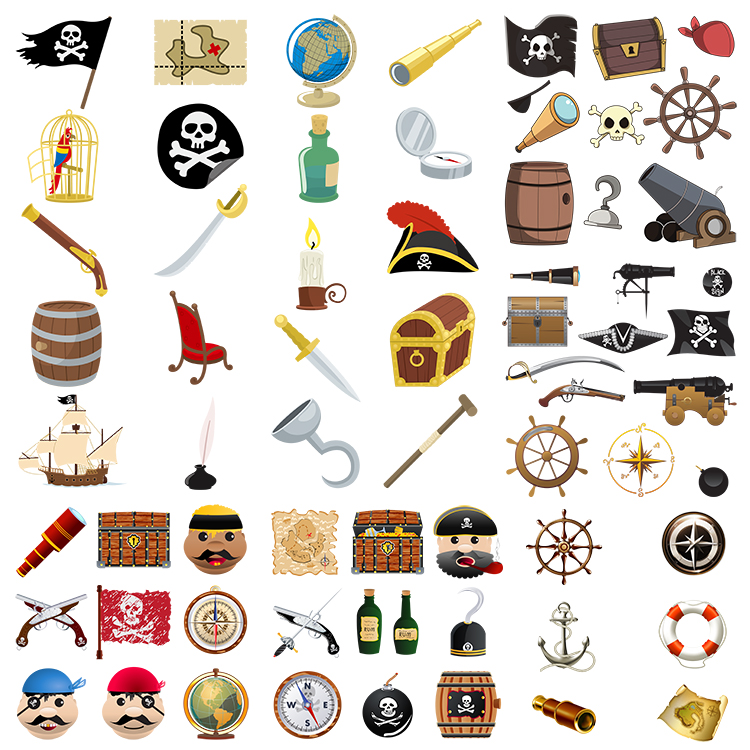 卡通海盗元素 骷髅船舵望远镜宝箱火枪图标 AI格式矢量设计素材