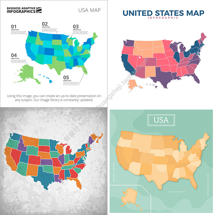 4款空白美国地图 简单彩色分区图 非实物地图 ai格式矢量设计素材