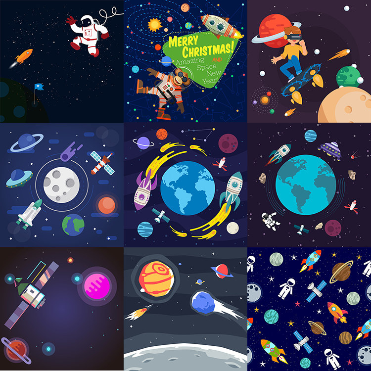 宇宙探索插画 9款外太空宇航元素海报背景 AI格式矢量设计素材