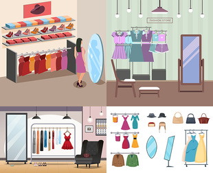 扁平化试衣间 卡通女性服装店试穿衣服更衣室 AI格式矢量设计素材