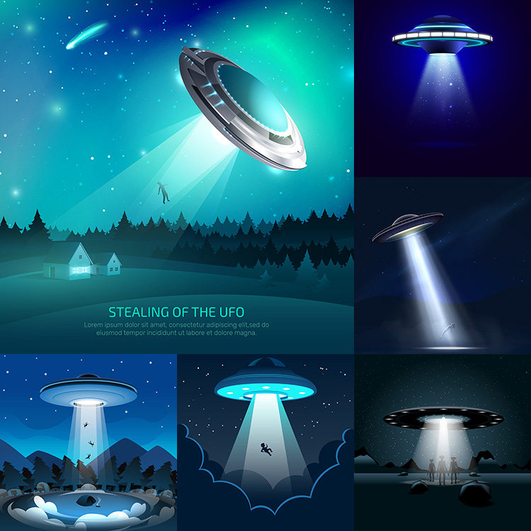 ufo插画 不明飞行物圆盘飞行器外星人飞碟 ai格式矢量设计素材