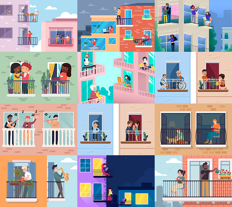 阳台上的休闲生活插画 扁平化人物日常场景 AI格式矢量设计素材