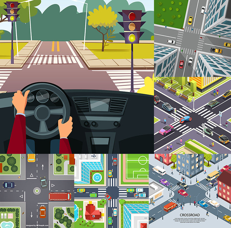 十字路口插画 扁平化卡通城市交通道路海报 ai格式矢量设计素材