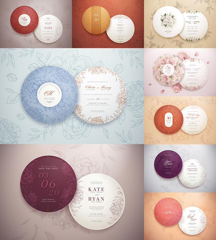 圆形婚礼邀请卡 轻奢素雅花卉结婚请柬卡片 AI格式矢量设计素材