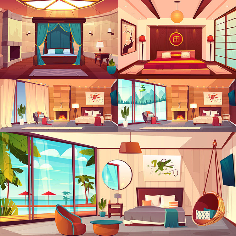 酒店房间插画 五星级高档旅馆海景房客房套房 AI格式矢量设计素材
