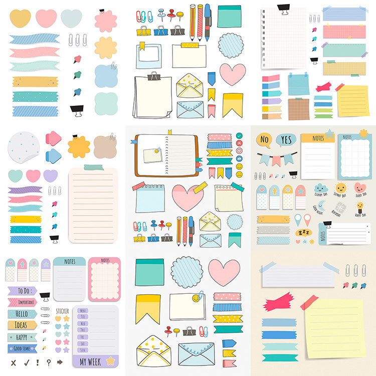 卡通便利贴图标 手绘文本框留言条便签夹子 AI格式矢量设计素材
