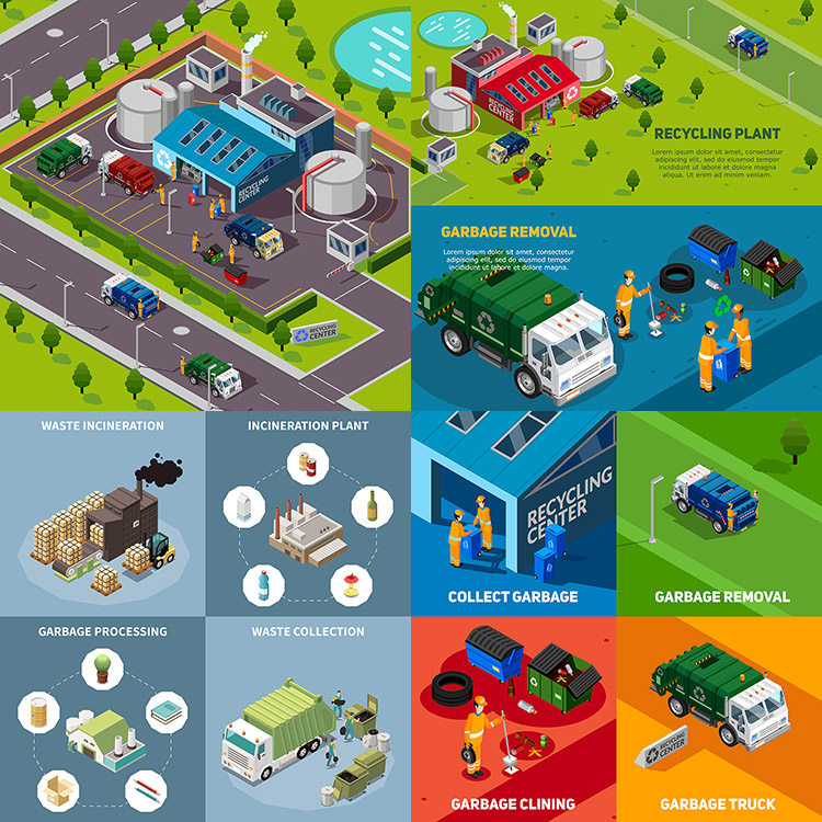 垃圾回收处理插画 卡通生活废品利用焚烧厂 ai格式矢量设计素材