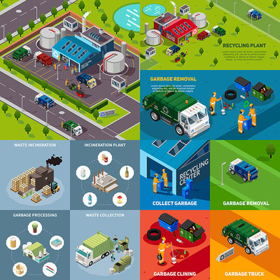 垃圾回收处理插画 卡通生活废品利用焚烧厂 AI格式矢量设计素材