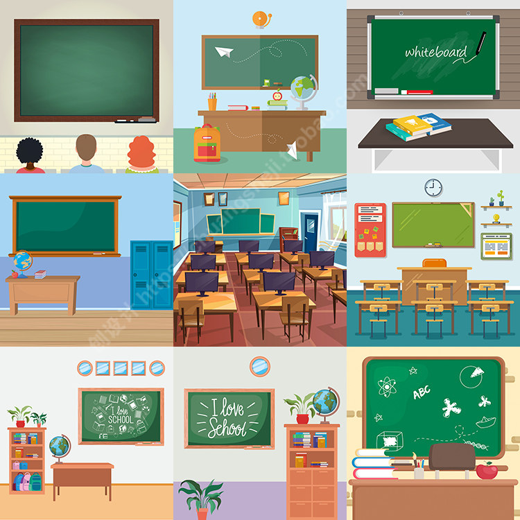 卡通教室场景 扁平化学生课室黑板桌椅插画 ai格式矢量设计素材