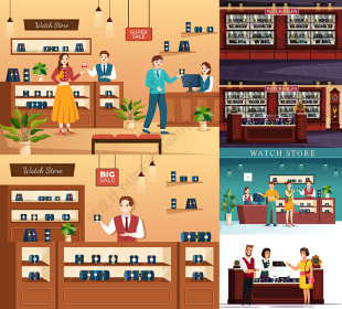 手表店插画 卡通手表柜台售货员买表人物背景 AI格式矢量设计素材