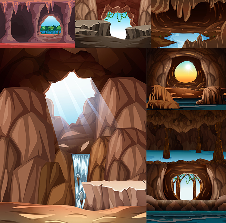 溶洞插画 卡通山洞户外探险冒险洞穴洞口背景 ai格式矢量设计素材