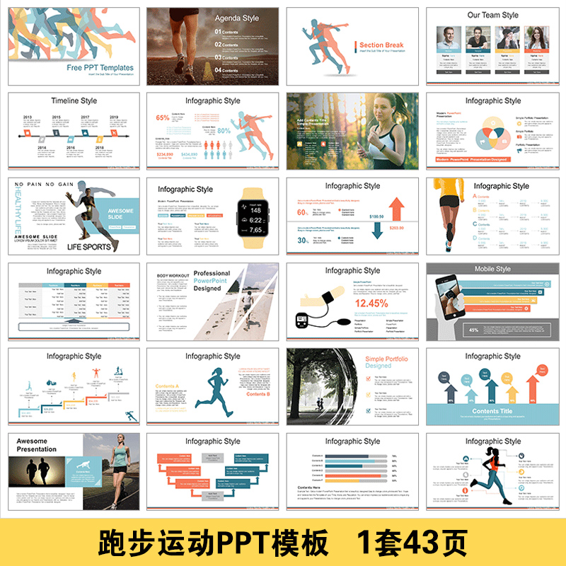 跑步运动ppt模板 健身户外慢跑马拉松比赛竞技体育