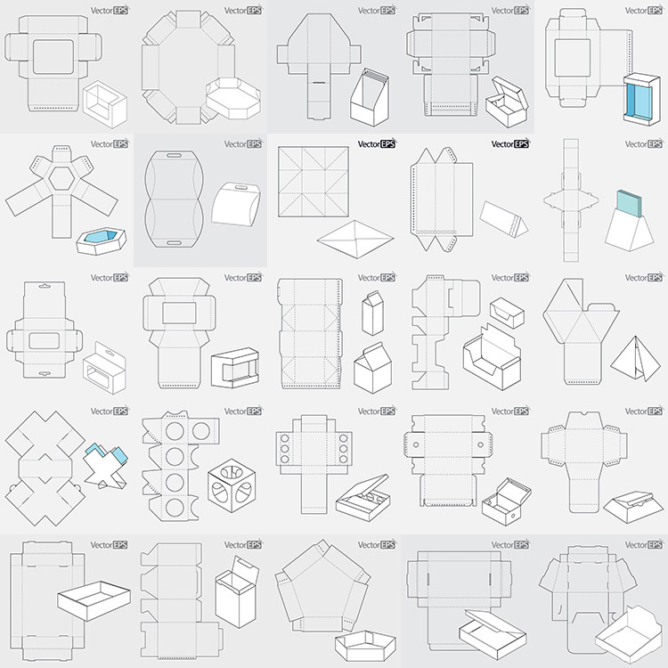 多边形盒子刀模eps矢量素材 25款创意纸盒礼品盒展开图 设计素材
