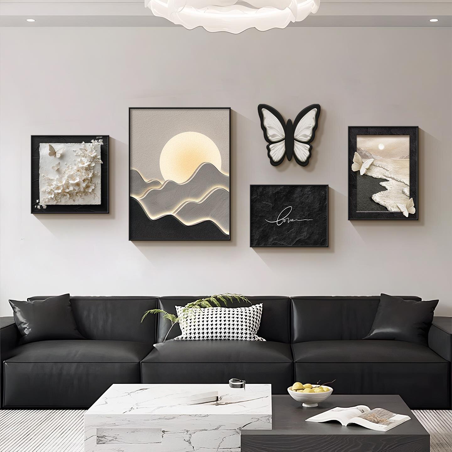 现代轻奢立体感砂岩客厅装饰画黑白灰沙发背景墙挂画餐厅组合壁画