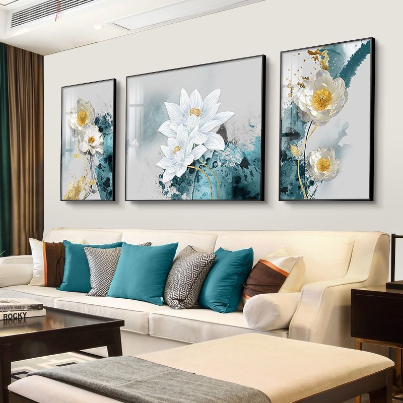 大气的轻奢新中式简约客厅沙发背景墙壁挂画抽象壁画花卉