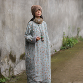 盘扣苎麻大袍子 中式 复古厚暖冬绒袍 加绒棉麻长裙茶服 天如水