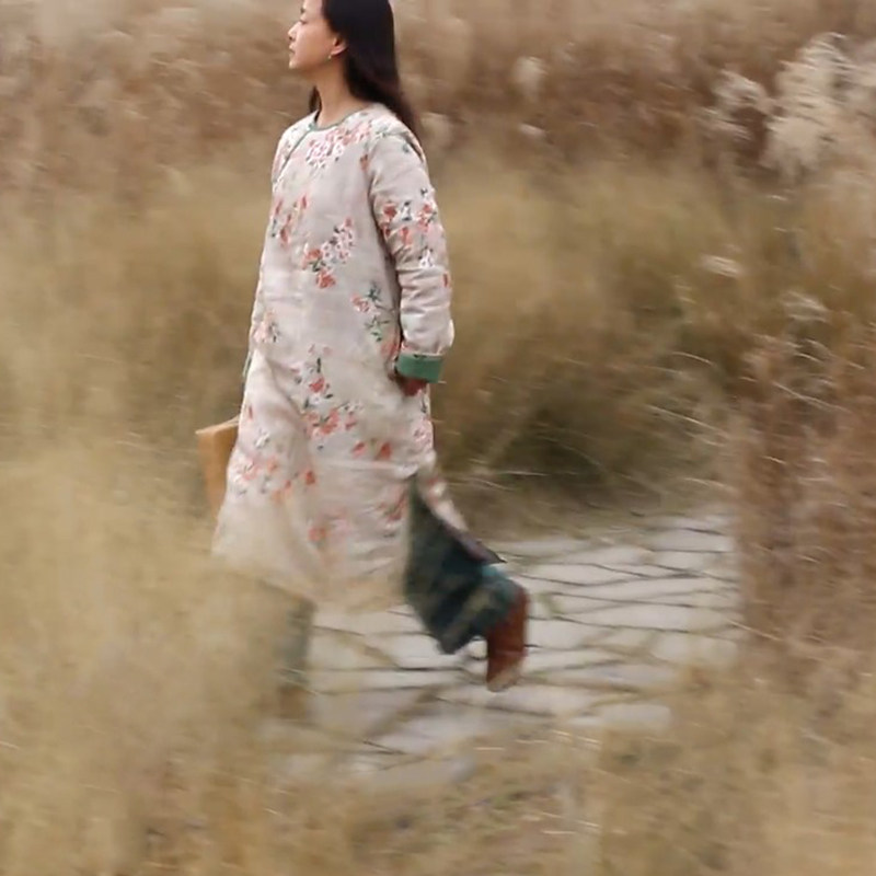 端庄茶服连衣裙复古亚麻夹棉袍