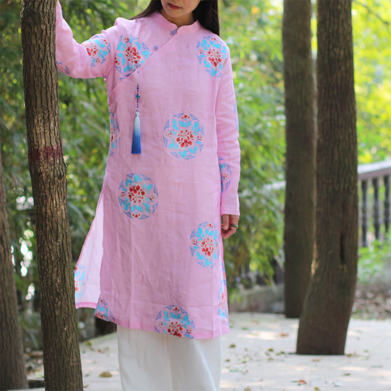 复古亚麻连衣裙衫中式高开叉上衣