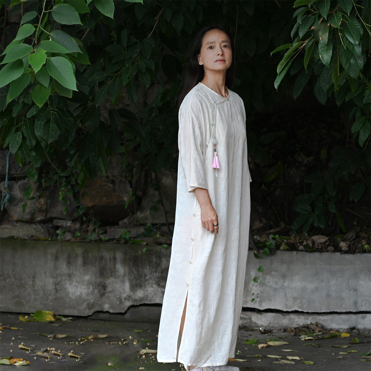 【慕白】中式禅意提花袍子 国风一片式旗袍茶服 天丝麻宽松夏长裙
