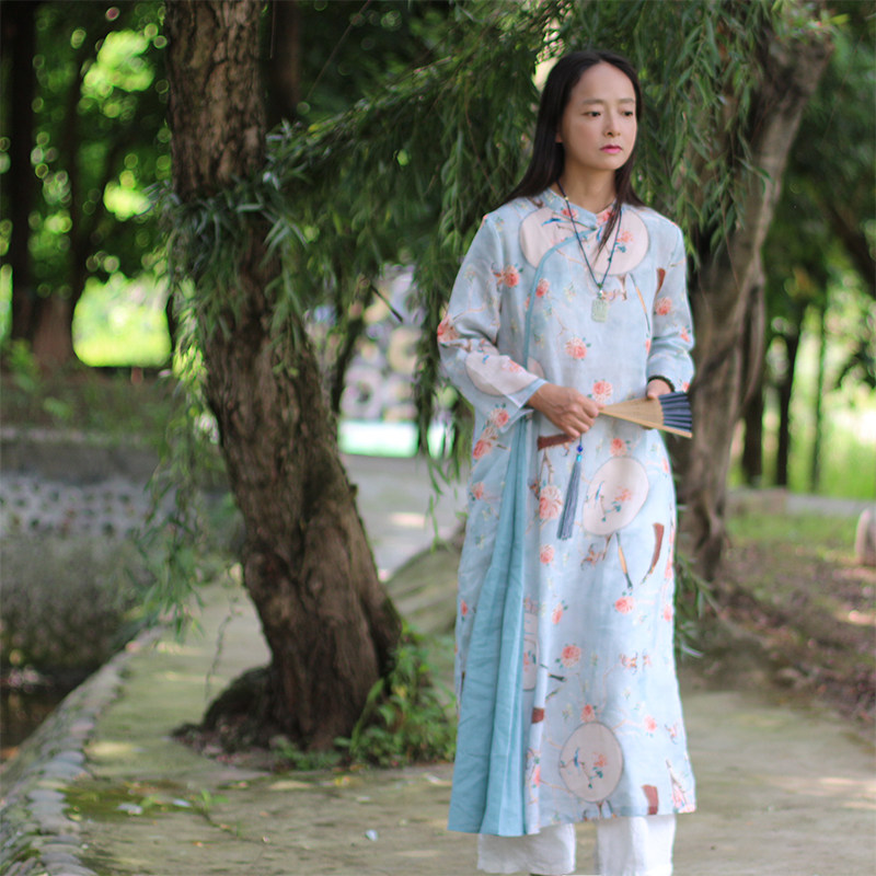 苎麻旗袍团扇印花中式古风大摆裙