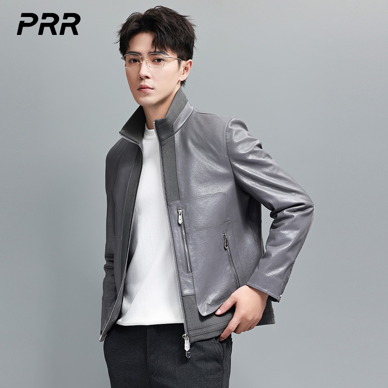 半植鞣皮衣男真皮进口头层绵羊皮立领短款秋季新款机车皮夹克外套