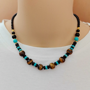 森系天然虎眼石项链民族风藏族锁骨链手工特色复古绿松石短款颈链