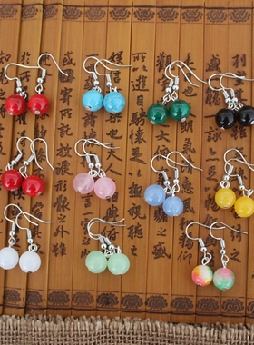 新款简约时尚玉石耳饰品 小众短款耳坠彩石10MM单珠耳环礼物R004