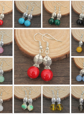 厂家直销民族风小饰品复古小鱼耳坠黄白红蓝色玉石彩石耳环女R013