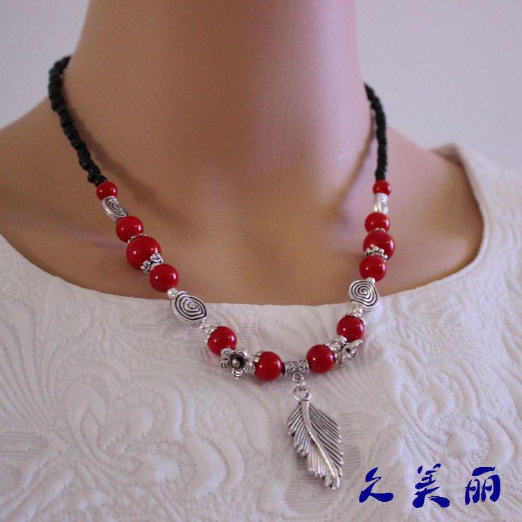 原创新款云南民族风饰品 仿松石锁骨链复古藏银树叶子吊坠项链女