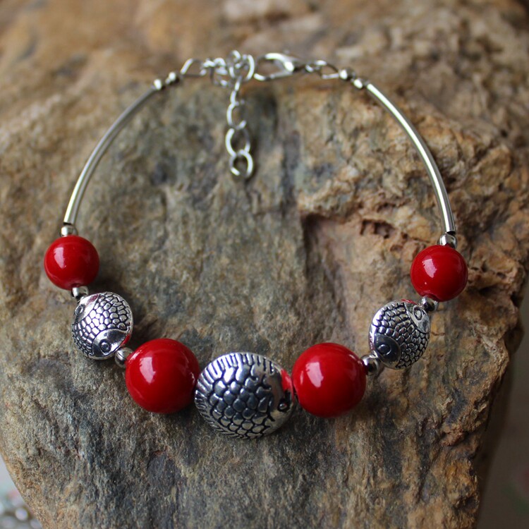 民族风手工手饰复古首饰品 藏银鱼手镯苗银松石手链女款QSL156