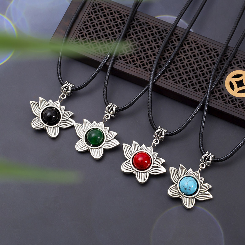 外贸欧美复古藏银莲花环松石皮绳短款锁骨项链波西米亚项饰XL169