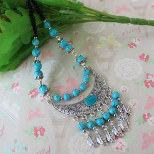 民族风项链复古百搭挂饰挂件藏银月牙吊坠彩石短款锁骨链秋XL172