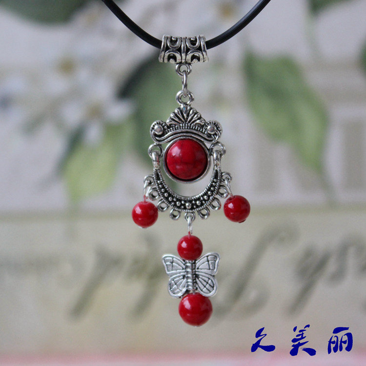 高品质云南民族风藏银松石短款锁骨链皮绳项链明星同款饰品XL139