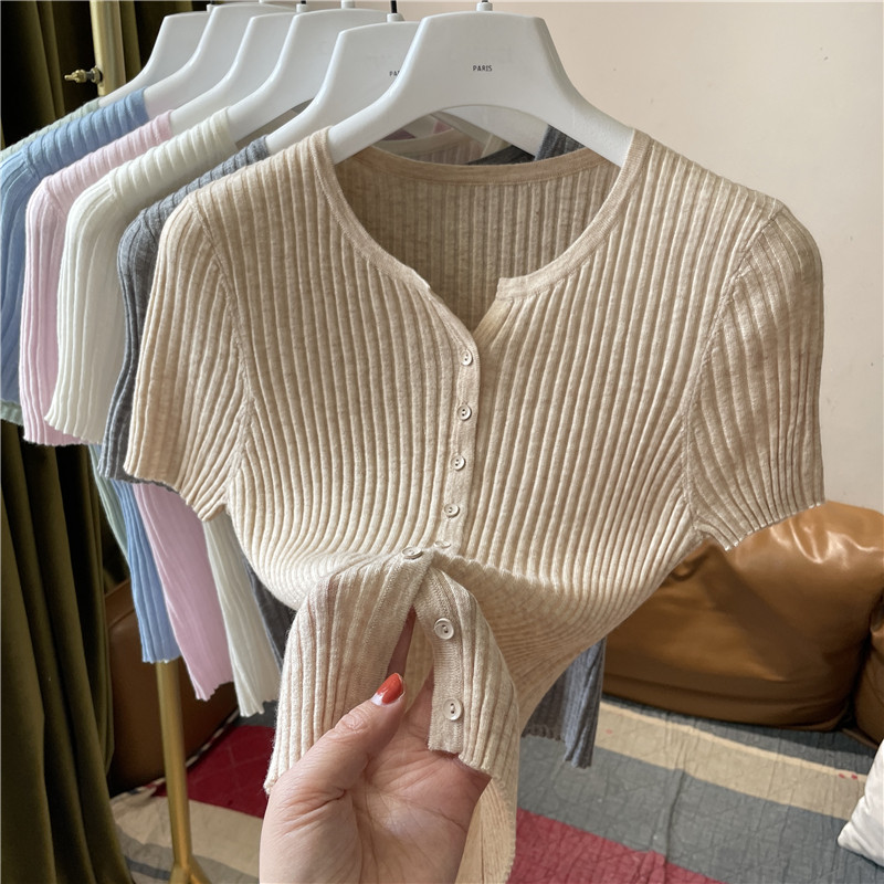 短袖纯色宽松羊毛上衣单排扣圆领