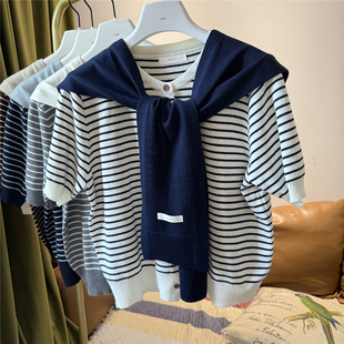 羊毛披肩单排扣短袖针织开衫女2025秋季宽松慵懒条纹上衣T两件套