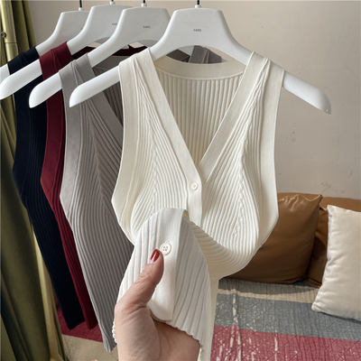 暗纹理坑条春夏季新款V领纽扣针织背心女修身显瘦打底衫上衣内搭