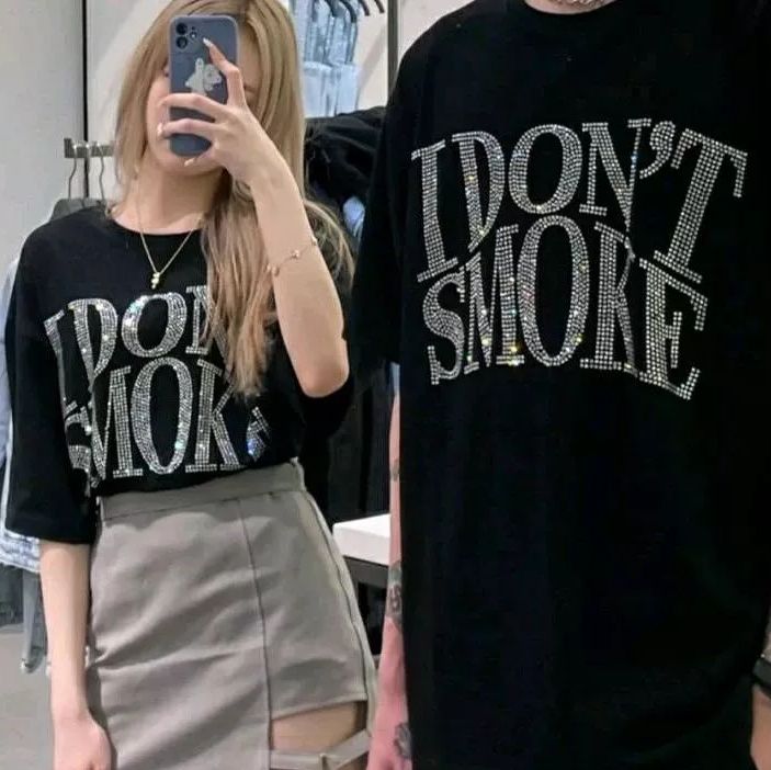 IDONTSMOKE纯棉国潮设计感宽松oversize烫钻短袖T恤女ins潮上衣