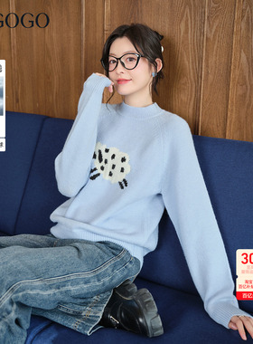 LAGOGO暖冬小羊蓝色毛衣女拉谷谷2025冬季新款圆领套头减龄针织衫