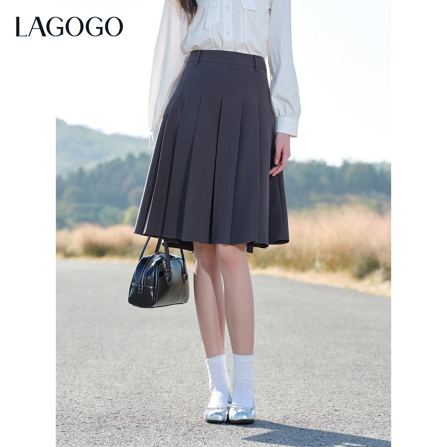 LAGOGO灰色小个子通勤百褶裙女拉谷谷2026春新款梨形伯克利