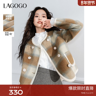 LAGOGO短款双面呢格子大衣女拉谷谷外套冬季新款优雅英伦风